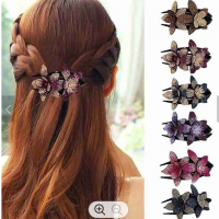 Rhinestone Double Flower Hair Clip Hair Crystal Combs Female Elegant Beads Hairgrip Handmade Fashion