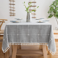 Rustic Lattice Tablecloth Cotton Linen Grey Rectangle Table Cloths for Kitchen Dining, Party, Holida