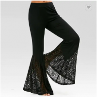 Black Lace Embroidery Women Flare Pants Elastic Mid Waist Lady Bell Bottoms Trousers Stretchy Flared
